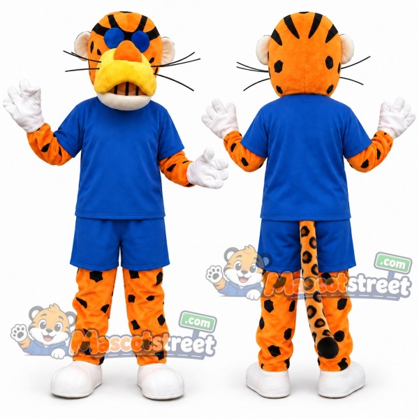 Orange Cheetah Mascot Costume with Blue Shirt, Blue Shorts and Sunglasses