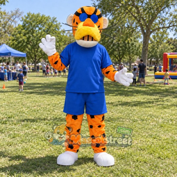 Orange Cheetah Mascot Costume with Blue Shirt, Blue Shorts and Sunglasses Orange Cheetah Mascot Costume with Blue Shirt, Blue Shorts and Sunglasses