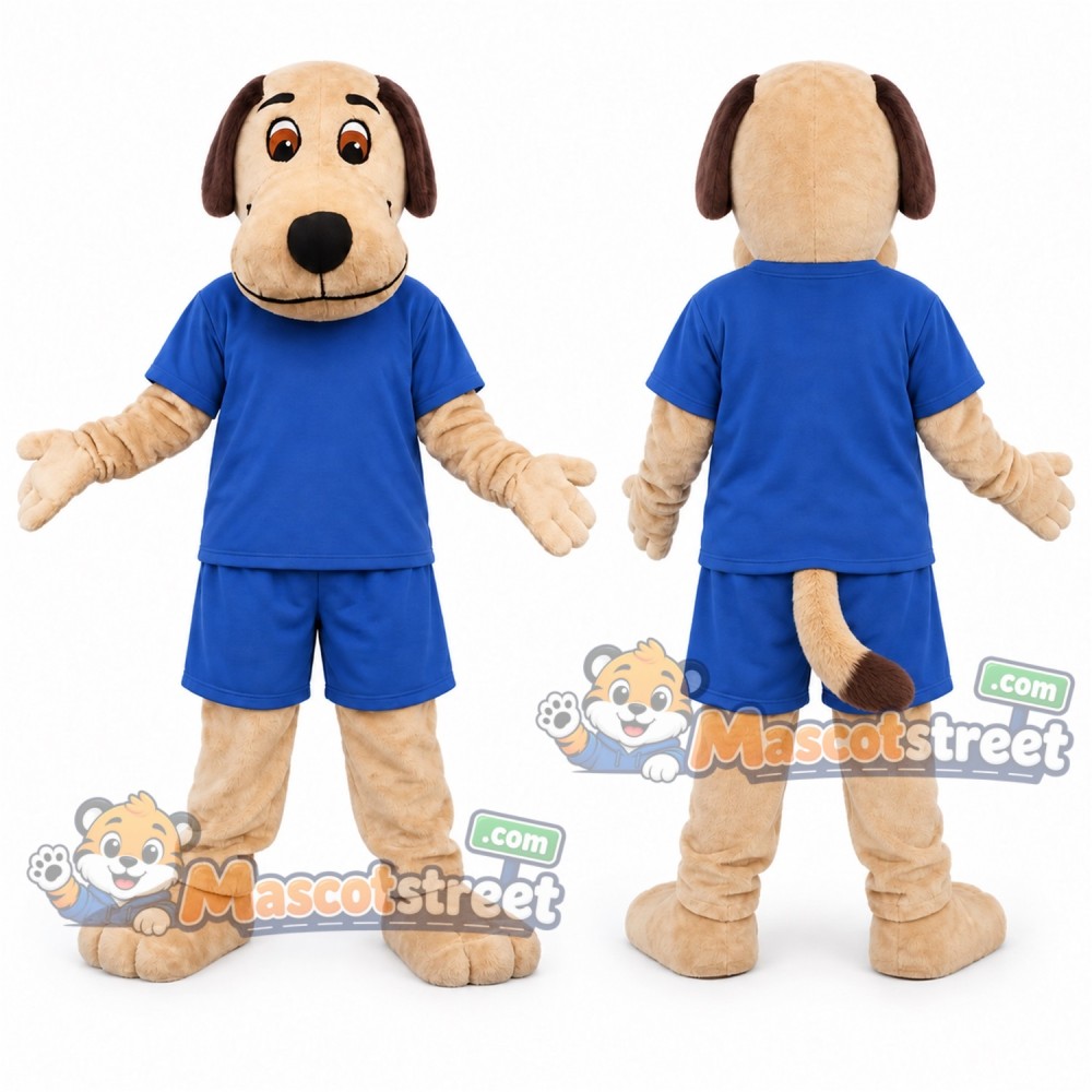 Tan Dog Mascot Costume with Blue Shirt and Shorts
