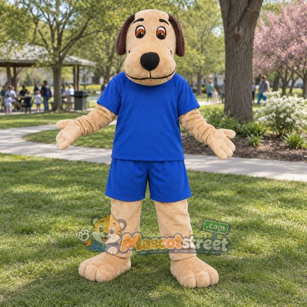 Tan Dog Mascot Costume with Blue Shirt and Shorts