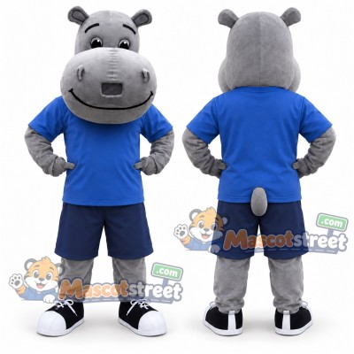 Gray Hippopotamus Mascot Costume with Blue Shirt and Navy Shorts