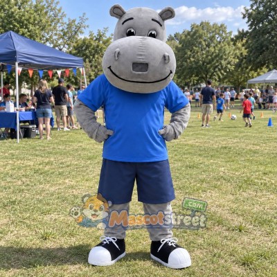 Gray Hippopotamus Mascot Costume with Blue Shirt and Navy Shorts