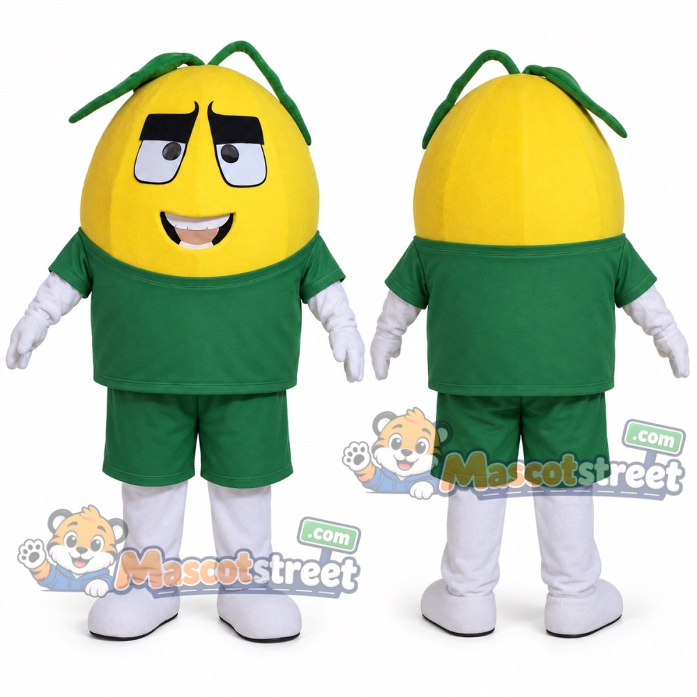 Yellow Pear Mascot Costume with Green Shirt and Shorts