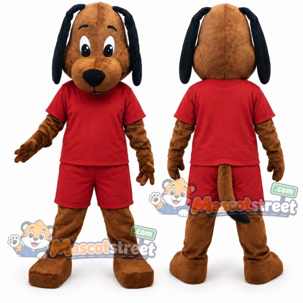 Brown Dog Mascot Costume with Red Shirt and Shorts