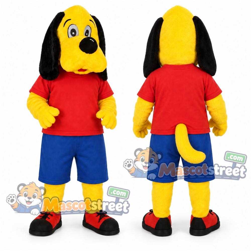 Yellow Dog Mascot Costume with Red Shirt and Blue Shorts