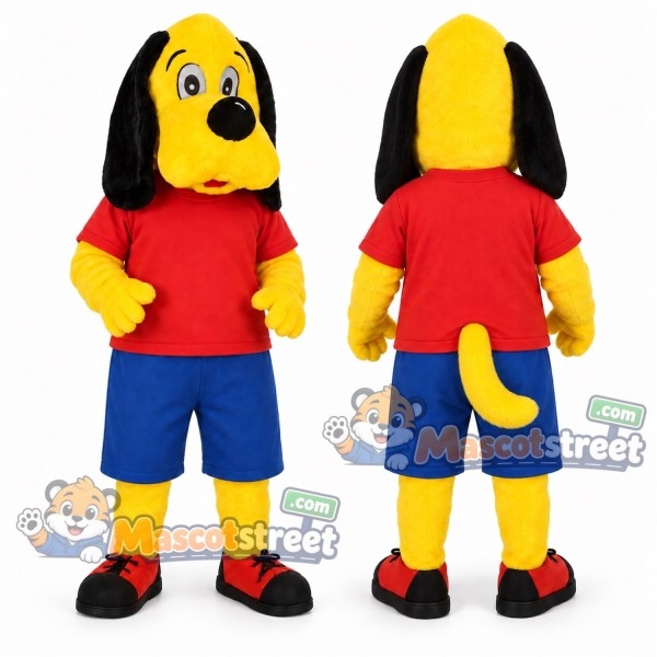 Yellow Dog Mascot Costume with Red Shirt and Blue Shorts