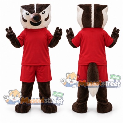 Brown and White Badger Mascot Costume with Red Shirt and Shorts