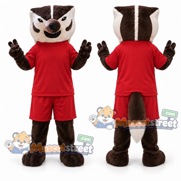 Brown and White Badger Mascot Costume with Red Shirt and Shorts