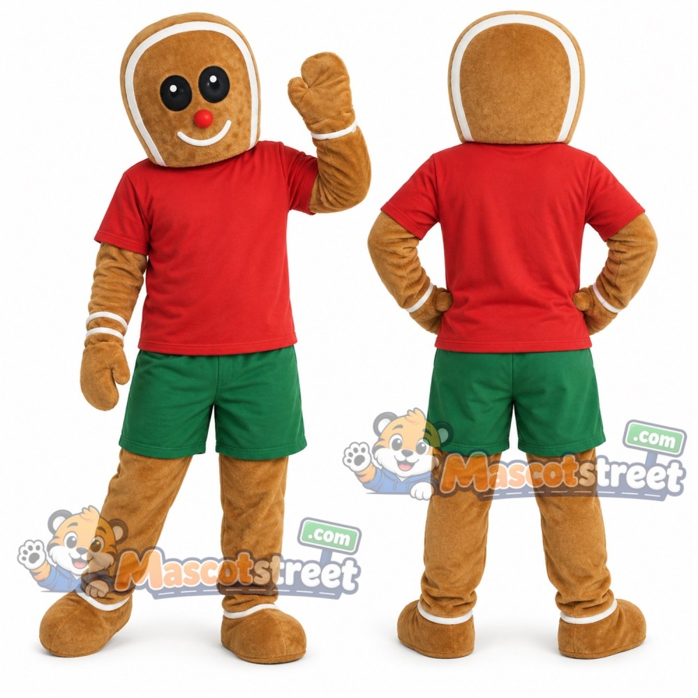 Gingerbread Man Mascot Costume with Red Shirt and Green Shorts