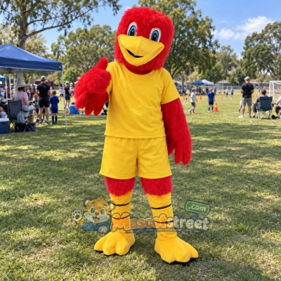 Red Bird Mascot Costume with Yellow Shirt and Shorts