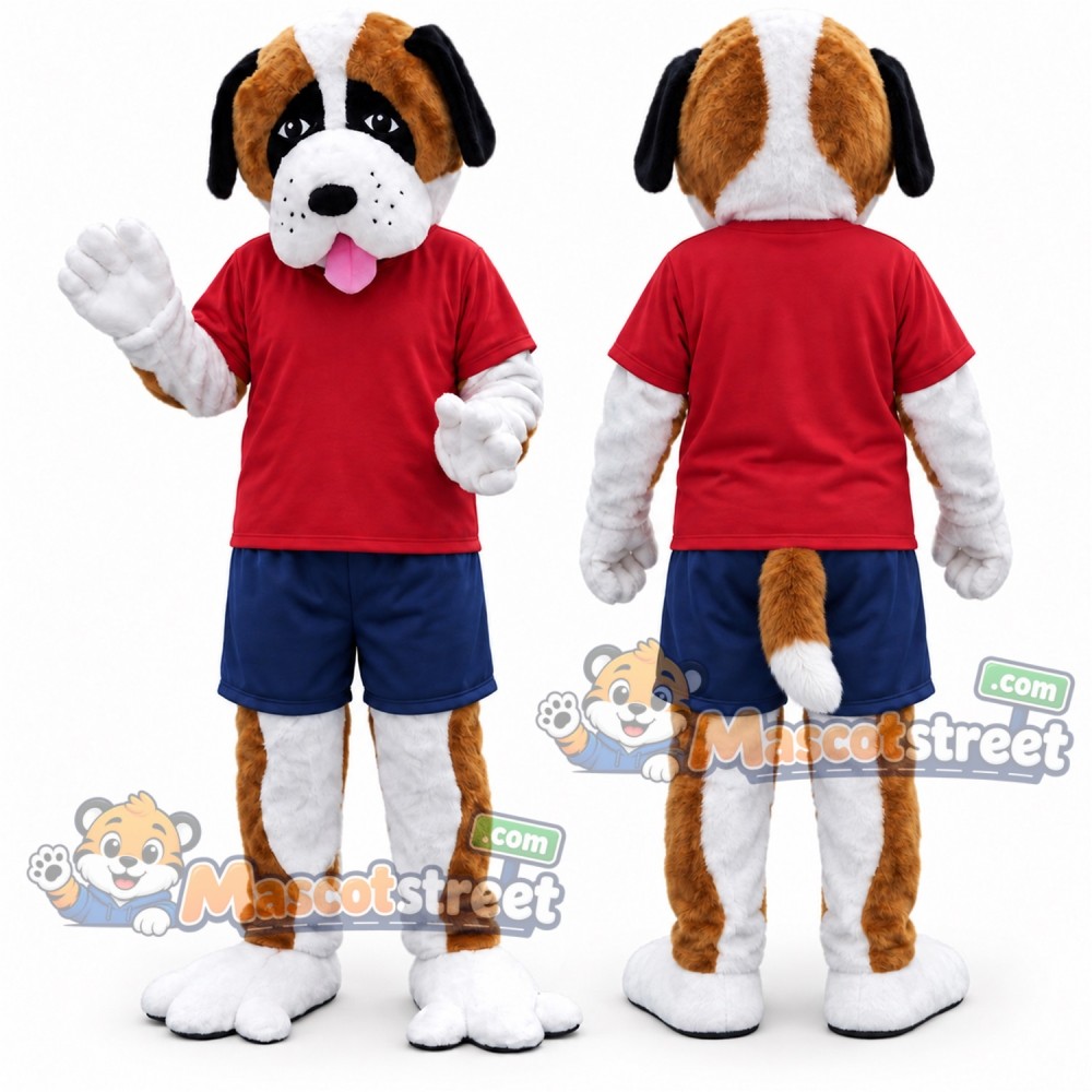 Brown and White Dog Mascot Costume with Red Shirt and Navy Shorts