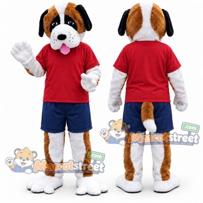 Brown and White Dog Mascot Costume with Red Shirt and Navy Shorts