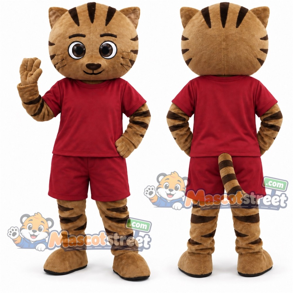Brown Tabby Cat Mascot Costume with Burgundy Shirt and Shorts