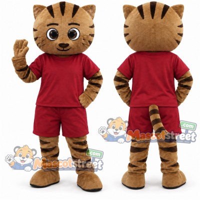 Brown Tabby Cat Mascot Costume with Burgundy Shirt and Shorts
