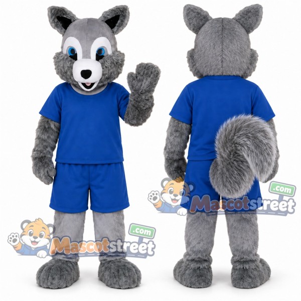 Gray Squirrel Mascot Costume with Blue Shirt and Shorts