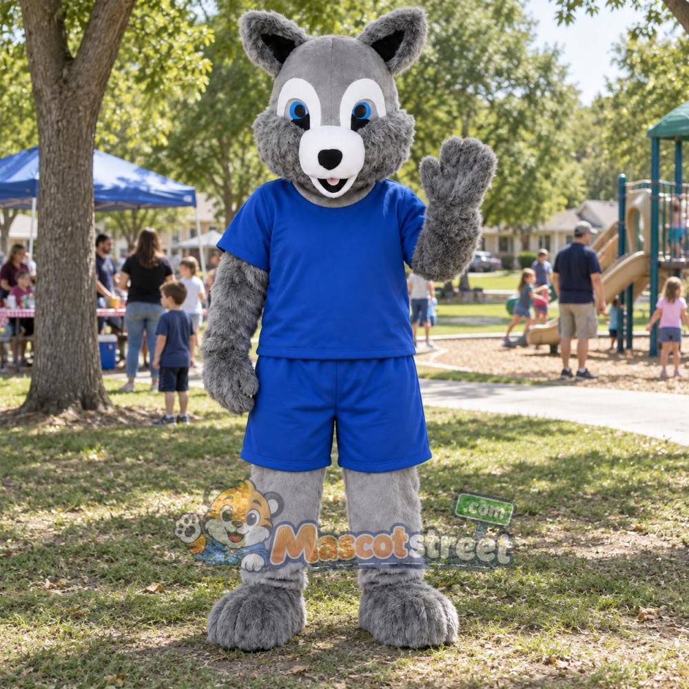 Gray Squirrel Mascot Costume with Blue Shirt and Shorts