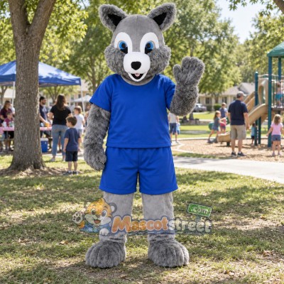 Gray Squirrel Mascot Costume with Blue Shirt and Shorts