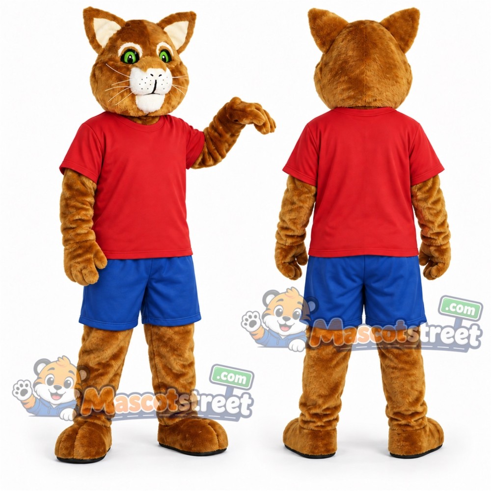 Orange Tabby Cat Mascot Costume with Red Shirt and Blue Shorts Orange Tabby Cat Mascot Costume with Red Shirt and Blue Shorts