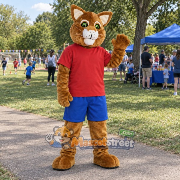 Orange Tabby Cat Mascot Costume with Red Shirt and Blue Shorts