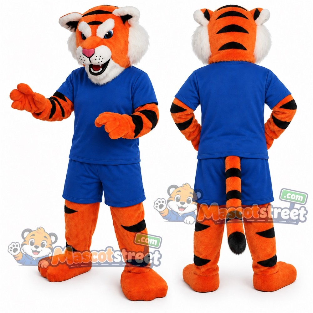 Orange Tiger Mascot Costume with Blue Shirt and Shorts Orange Tiger Mascot Costume with Blue Shirt and Shorts