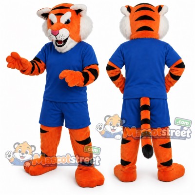 Orange Tiger Mascot Costume with Blue Shirt and Shorts Orange Tiger Mascot Costume with Blue Shirt and Shorts