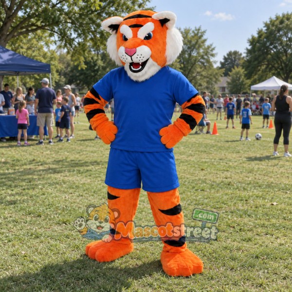 Orange Tiger Mascot Costume with Blue Shirt and Shorts