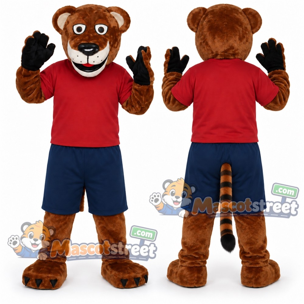 Brown Tiger Mascot Costume with Burgundy Shirt and Navy Shorts Brown Tiger Mascot Costume with Burgundy Shirt and Navy Shorts