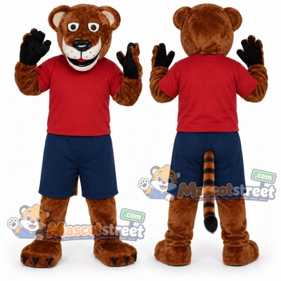 Brown Tiger Mascot Costume with Burgundy Shirt and Navy Shorts Brown Tiger Mascot Costume with Burgundy Shirt and Navy Shorts