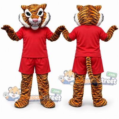 Orange Tiger Mascot Costume with Red Shirt and Shorts
