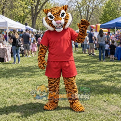 Orange Tiger Mascot Costume with Red Shirt and Shorts