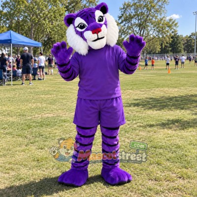 Purple Tiger Mascot Costume with Purple Shirt and Shorts Purple Tiger Mascot Costume with Purple Shirt and Shorts