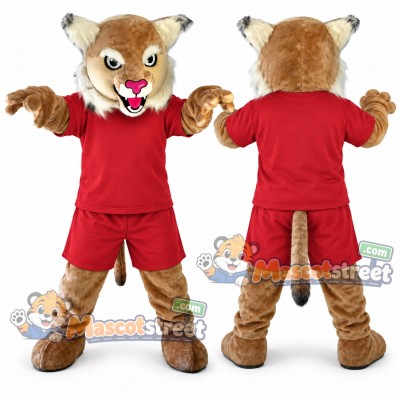 Tan Wildcat Mascot Costume with Red Shirt and Shorts