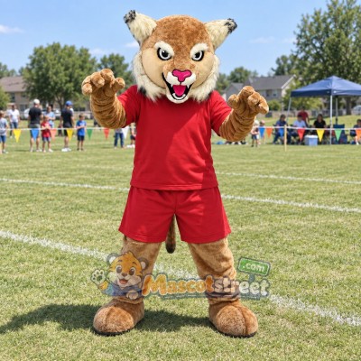 Tan Wildcat Mascot Costume with Red Shirt and Shorts