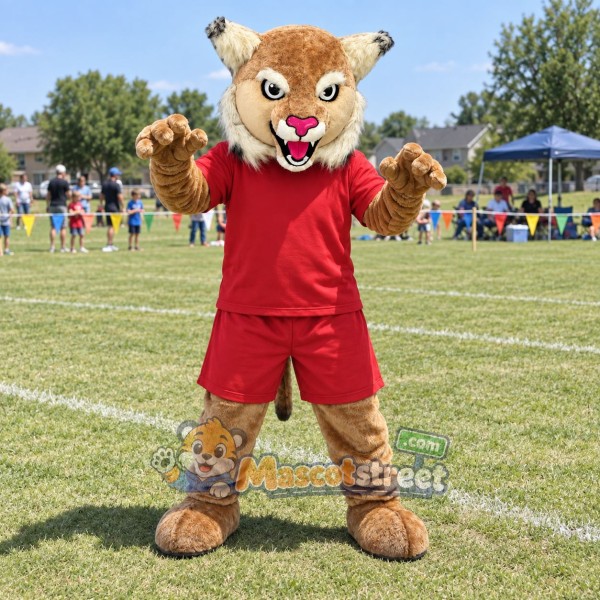 Tan Wildcat Mascot Costume with Red Shirt and Shorts