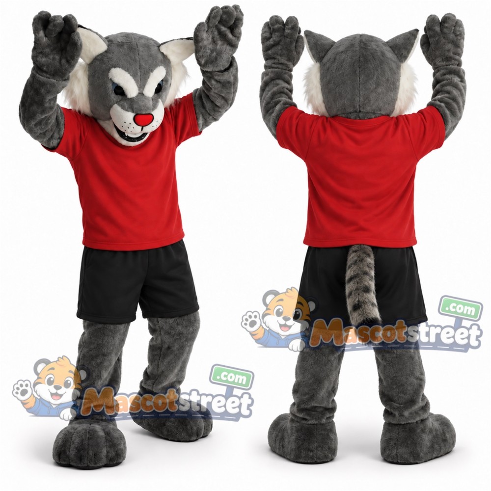 Gray Wildcat Mascot Costume with Red Shirt and Black Shorts Gray Wildcat Mascot Costume with Red Shirt and Black Shorts