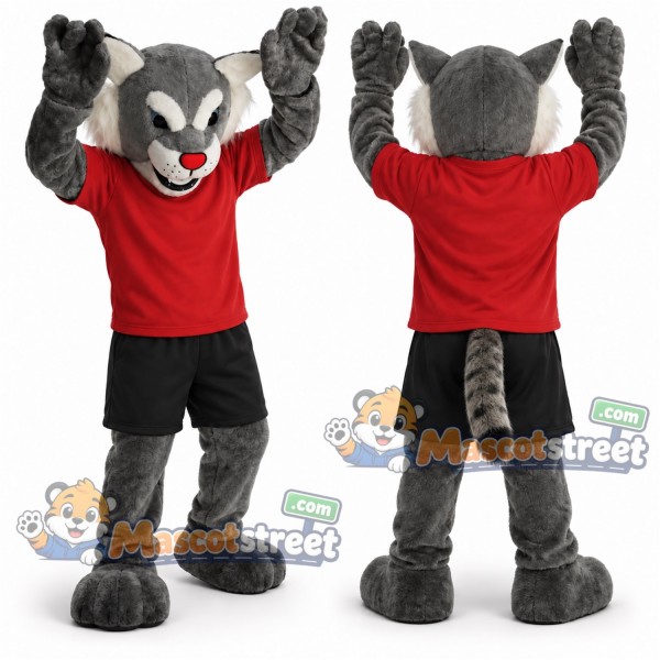 Gray Wildcat Mascot Costume with Red Shirt and Black Shorts