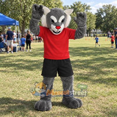 Gray Wildcat Mascot Costume with Red Shirt and Black Shorts Gray Wildcat Mascot Costume with Red Shirt and Black Shorts