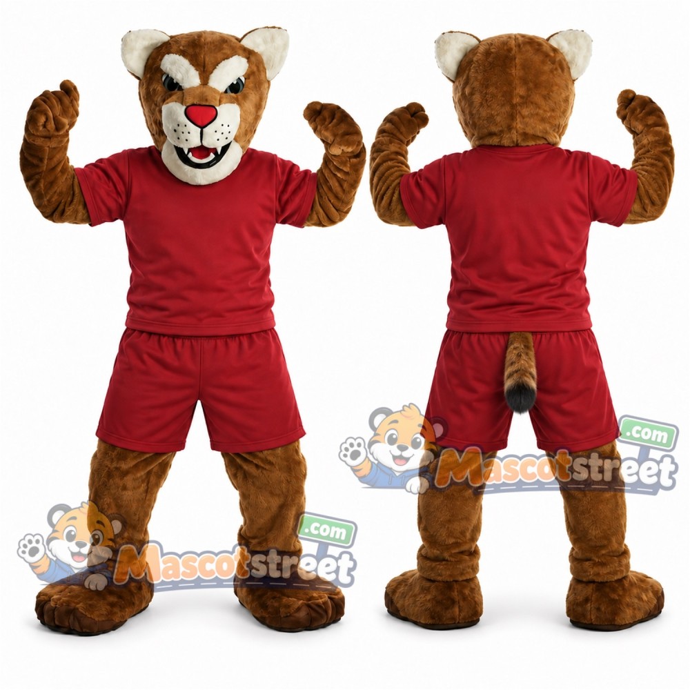 Brown Wildcat Mascot Costume with Burgundy Shirt and Shorts