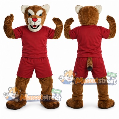 Brown Wildcat Mascot Costume with Burgundy Shirt and Shorts