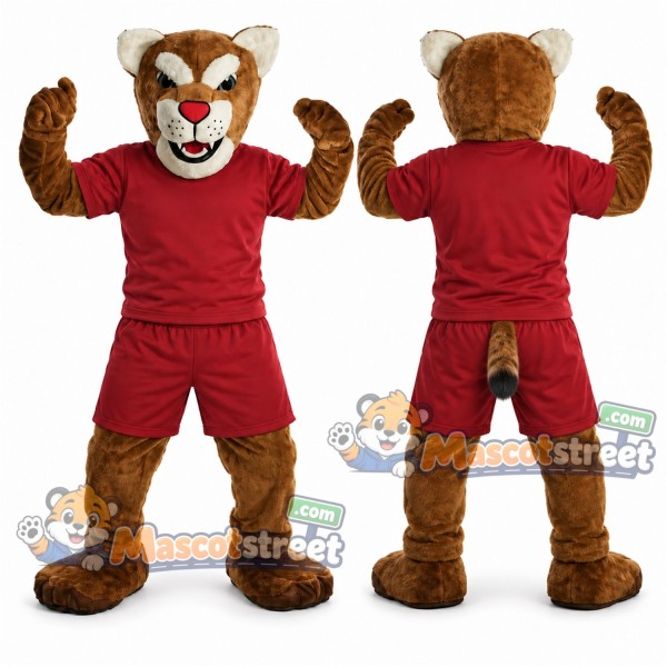 Brown Wildcat Mascot Costume with Burgundy Shirt and Shorts