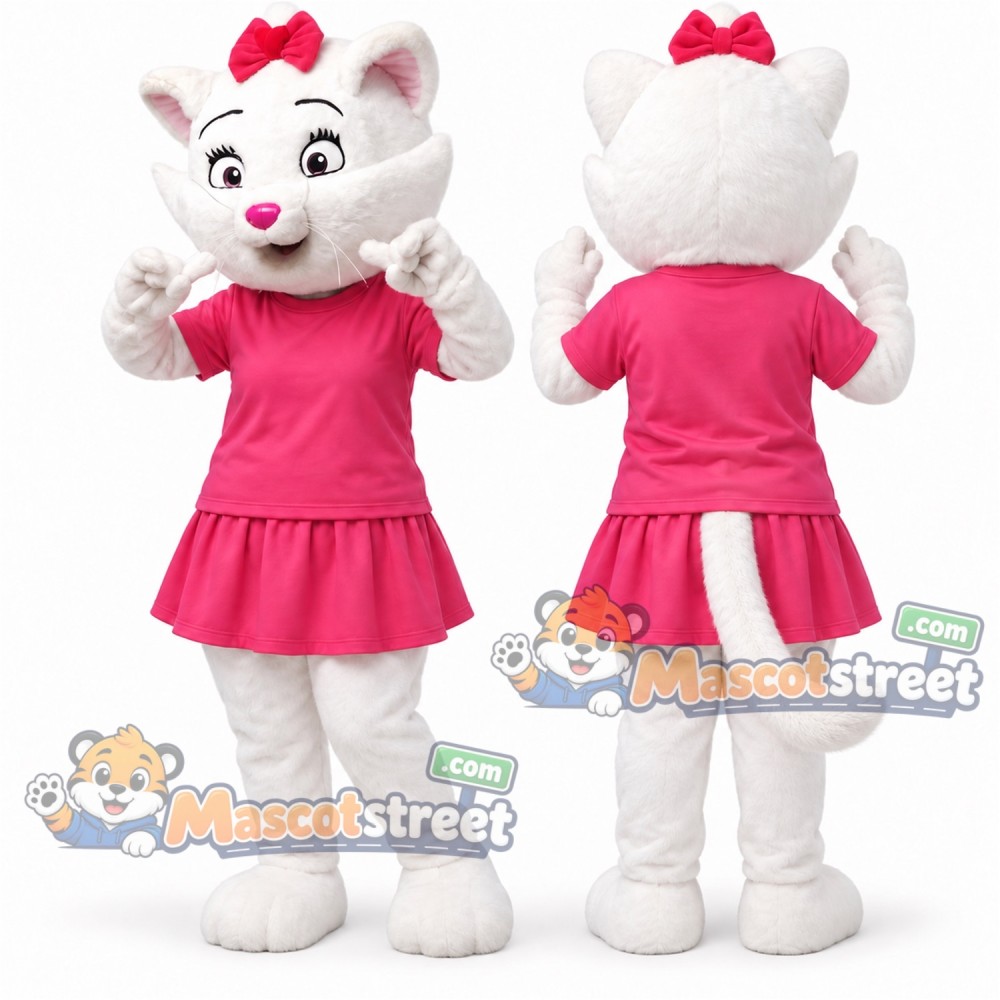 White Cat Mascot Costume with Pink Shirt and Skirt