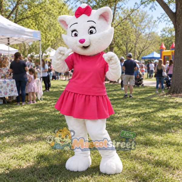 White Cat Mascot Costume with Pink Shirt and Skirt