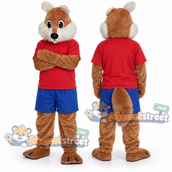 Brown Squirrel Mascot Costume with Red Shirt and Blue Shorts
