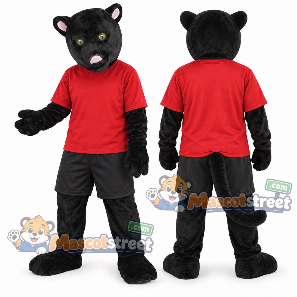 Black Panther Mascot Costume with Red Shirt and Black Shorts