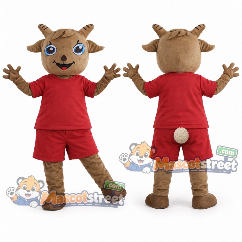 Brown Sheep Mascot Costume with Red Shirt and Shorts