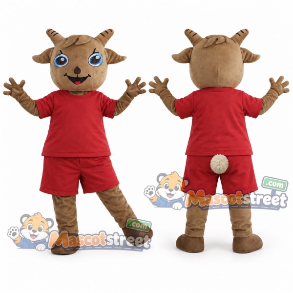 Brown Sheep Mascot Costume with Red Shirt and Shorts