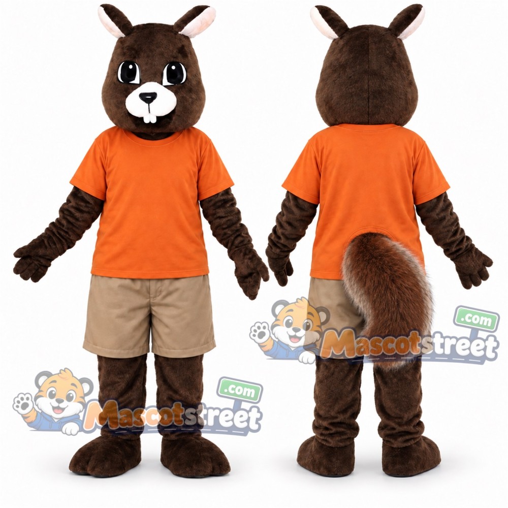 Brown Squirrel Mascot Costume with Orange Shirt and Beige Shorts Brown Squirrel Mascot Costume with Orange Shirt and Beige Shorts