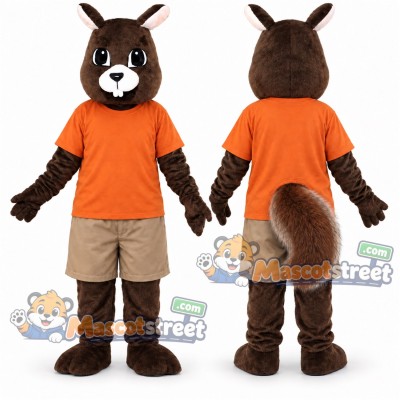 Brown Squirrel Mascot Costume with Orange Shirt and Beige Shorts Brown Squirrel Mascot Costume with Orange Shirt and Beige Shorts