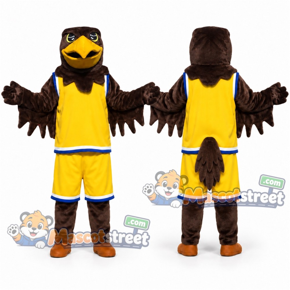 Brown Eagle Mascot Costume with Yellow Basketball Uniform Brown Eagle Mascot Costume with Yellow Basketball Uniform