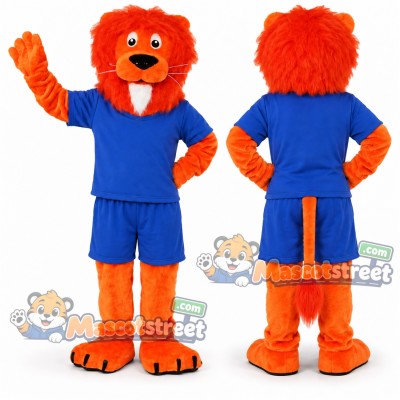 Orange Lion Mascot Costume with Blue Shirt and Shorts
